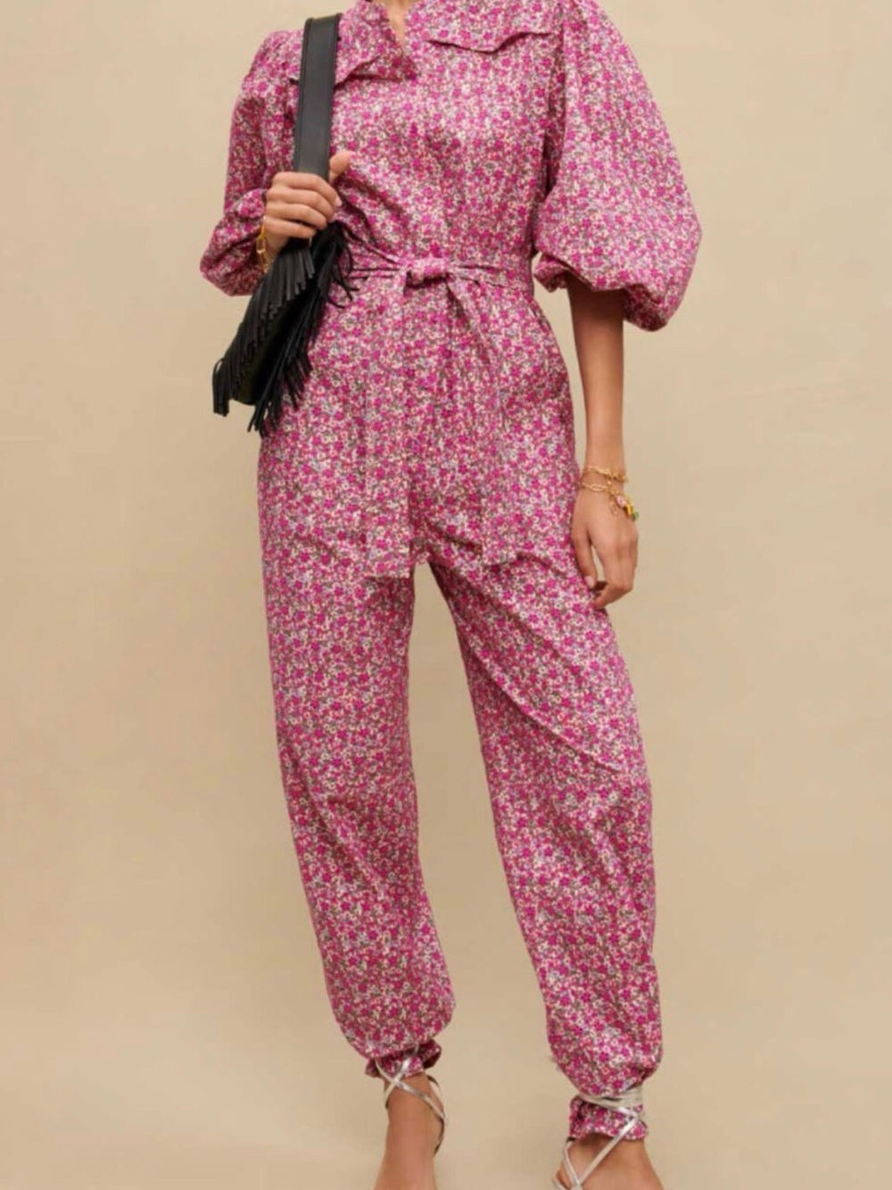 Maje Pink Floral Tie-Waist Jumpsuit with Puff Sleeves